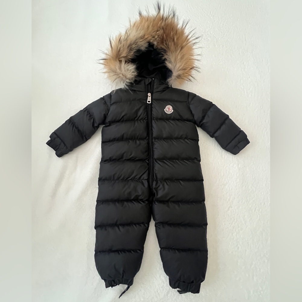 Moncler Black Kids Puffer Snowsuit with Fur-Trim Hood